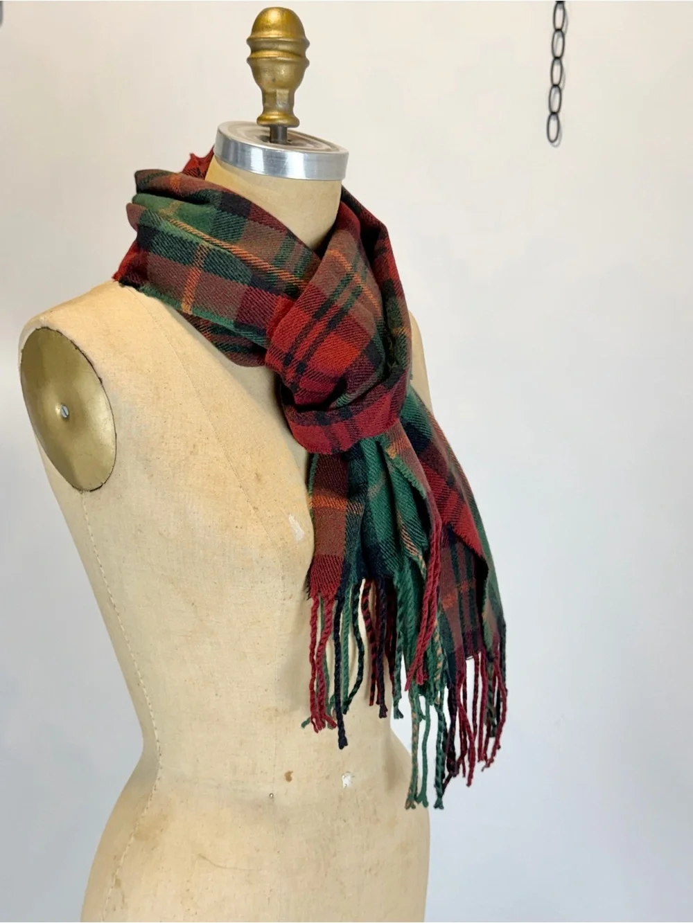 Eddie Bauer tartan plaid wool scarf wrap fringe classic timeless red green cozy